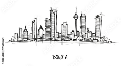 Minimalist Line Drawing of Bogota Skyline Featuring Iconic High-Rise Buildings and Urban Landscape