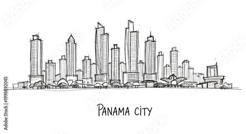 Elegant Sketch of a Modern Panoramic Cityscape Depicting Panama City Skyline with Diverse High-Rise Buildings and Urban Landscape