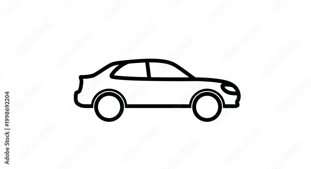 Fototapeta premium Generic Car Icon - Simple Black Line Art Illustration of an Automobile from Side View, Isolated on White Background