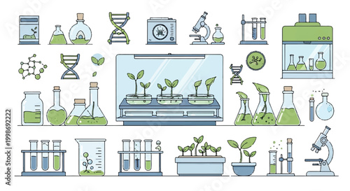 Plant science and research laboratory with seedlings and equipment test tubes lab equipment growth chamber plant breeding agriculture technology