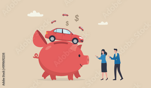 Saving money for new car, automobile expense and cost car loan concept, wealthy red piggybank business man open in container loading deliver new big car red new owner