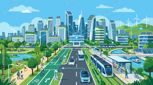 Flat vector smart city and modern urban infrastructure illustration, city skyline with solar panels on buildings, electric vehicles on roads