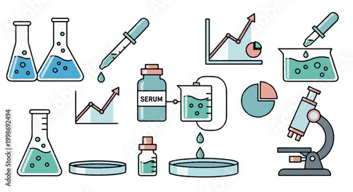 Laboratory and scientific research elements including beakers flasks microscope growth charts with medical research drug development scientific inst