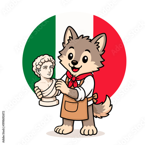 Italian national animal wolf sculptor — cute vector mascot carving statue with Italy flag background