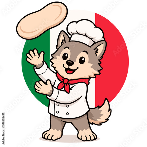 Italian national animal wolf pizza chef — cute vector mascot with Italy flag background