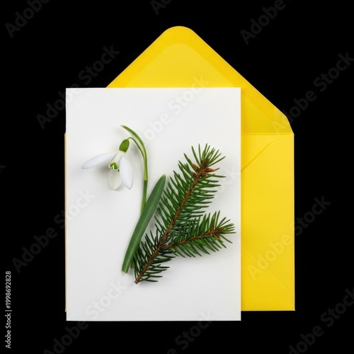 Greeting Card with Snowdrop and Evergreen Branch in Yellow Envelope.