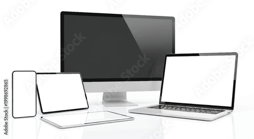 Various electronic devices arranged for modern technology concept with white background multiple devices computer smartphone technology connected