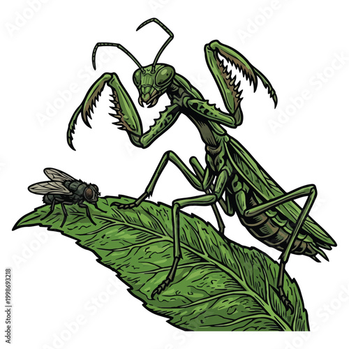 Vivid illustration of a green praying mantis on a lush leaf, intently watching a fly, depicting the tense predator-prey dynamic