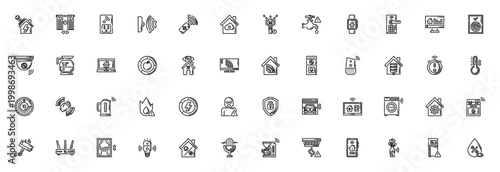 Smart home icon set. Domotics vector icons pack. Minimal line icons for solar panel, thermostat, security, automation, appliances and more. Editable stroke.