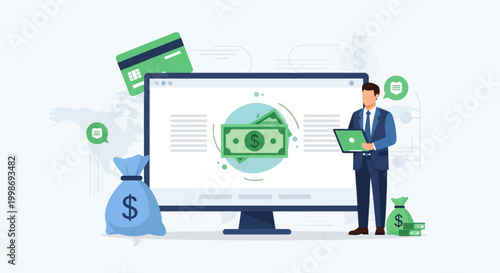 Businessman managing online financial transactions with digital money and credit card.