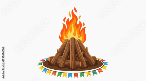 Bonfire's Fiery Embrace: A vibrant illustration of a bonfire, its flames dancing atop a carefully stacked pile of wooden logs, inviting warmth and a sense of cozy gathering.