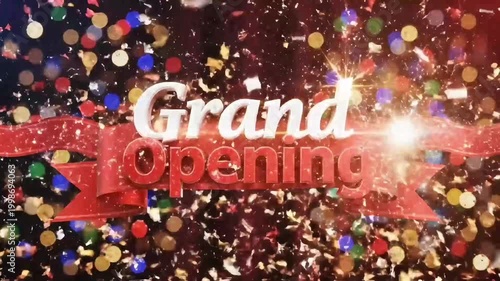 Grand Opening Celebration with Confetti Explosion and Festive Lighting.