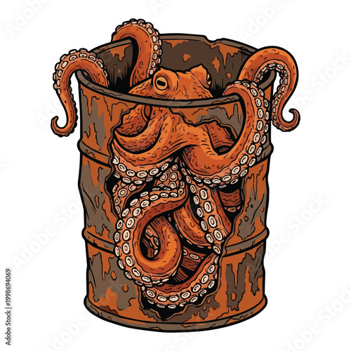 A rusty barrel overflowing with an octopus tentacle monster with a terrifying and monstrous ocean creature