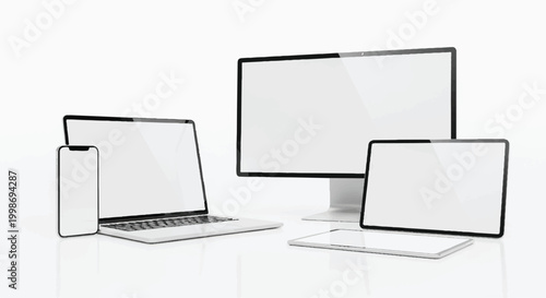 Collection of modern electronic devices: desktop monitor laptop tablet smartphone with electronics technology computer smartphone communication