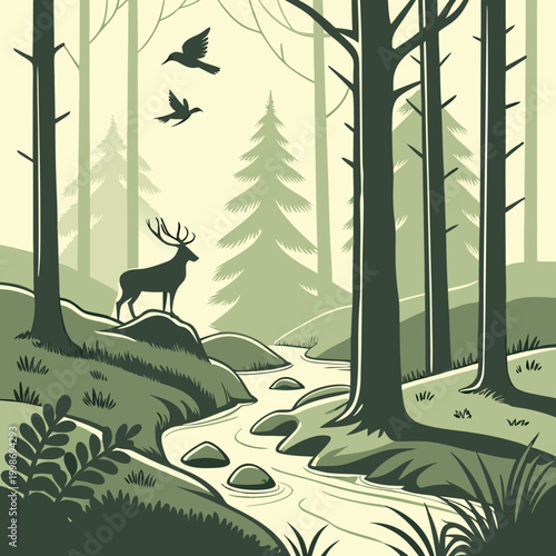 Valokuva Scandinavian Forest Wildlife Scene with Animals and Birds