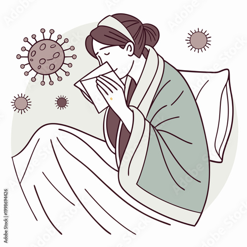 Sick woman in blanket. Unwell girl cold ill flu in bed cover blanket, illness recovery lady sneeze with paper towel seasonal sickness home treatment, classy vector illustration