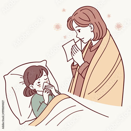 Sick woman in blanket. Unwell girl cold ill flu in bed cover blanket, illness recovery lady sneeze with paper towel seasonal sickness home treatment, classy vector illustration