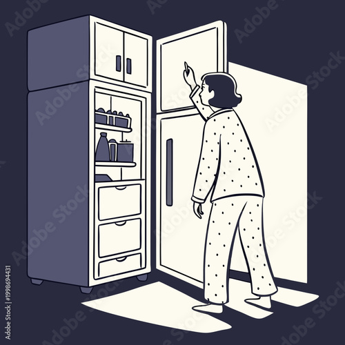 Eating at Night. A vector flat-style illustration shows a person in pajamas, illuminated by an open refrigerator in a dark kitchen
