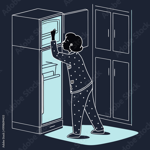 Eating at Night. A vector flat-style illustration shows a person in pajamas, illuminated by an open refrigerator in a dark kitchen