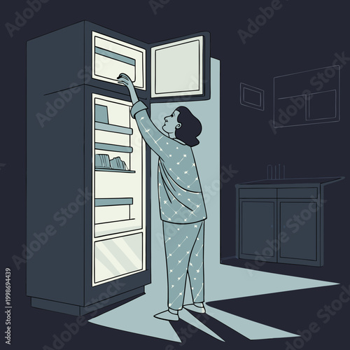 Eating at Night. A vector flat-style illustration shows a person in pajamas, illuminated by an open refrigerator in a dark kitchen