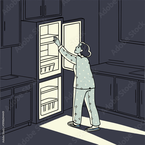Eating at Night. A vector flat-style illustration shows a person in pajamas, illuminated by an open refrigerator in a dark kitchen