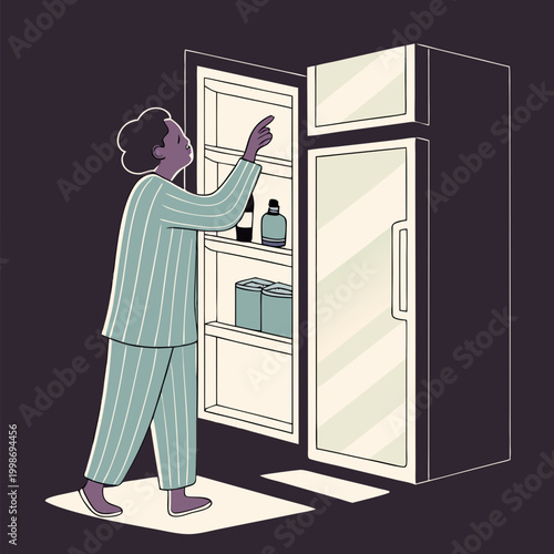 Eating at Night. A vector flat-style illustration shows a person in pajamas, illuminated by an open refrigerator in a dark kitchen