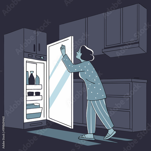 Eating at Night. A vector flat-style illustration shows a person in pajamas, illuminated by an open refrigerator in a dark kitchen