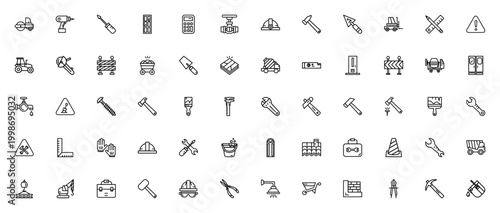 Construction icon set. Vector tools and equipment collection. Includes symbols for hammer, crane, helmet, drill, saw, wrench, truck, safety and more. Editable stroke.