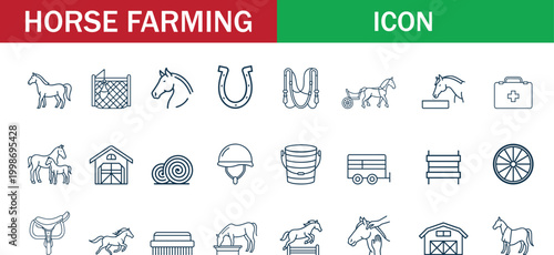 Fotografía Horse farming icon set with stable, equipment and equestrian symbols, editable o