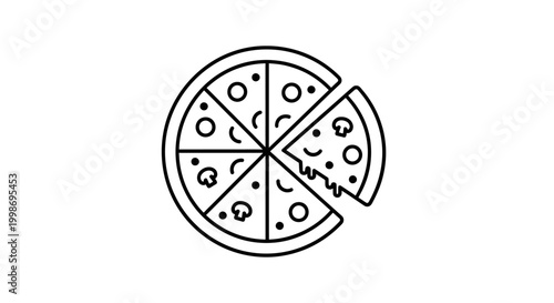 Minimalist line art icon of a delicious whole pizza pie with one slice removed. Simple black and white vector illustration for food menus.