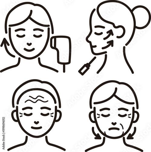 Aesthetic medicine icon set wrinkles sagging skin thread lift HIFU anti-aging skincare cosmetic surgery line art