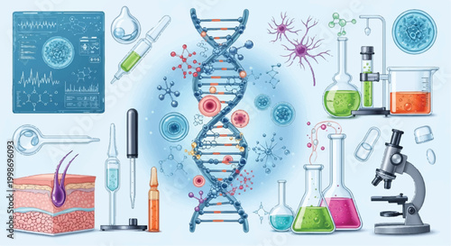 Scientific research and DNA analysis with laboratory equipment double helix test tube microscope laboratory research genetics molecule