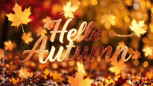 Hello Autumn: Golden Maple Leaves Falling in a Beautiful Autumn Forest Landscape with Bokeh Background.