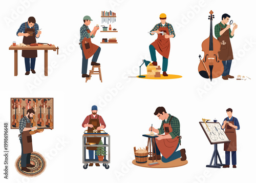 Fotografie Set of illustrations depicting professional luthiers and craftsmen working on violins and string instruments in a workshop environment