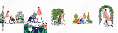 Set of illustrations showing caregivers assisting elderly people in wheelchairs through various beautiful garden landscapes, promoting senior care and accessibility in nature.