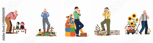 Set of vector illustrations featuring a grandfather playing the harmonica for his grandchildren in various charming outdoor and rural settings.