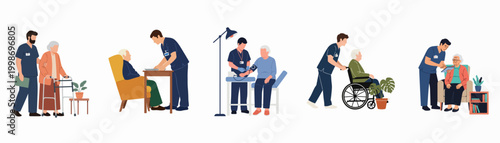 Flat vector illustration of male nurses providing care and medical assistance to elderly people in various home and healthcare settings.