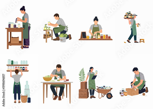 Vector illustrations showing diverse people preparing, labeling, storing, and shipping homemade food in glass jars for an artisanal business.