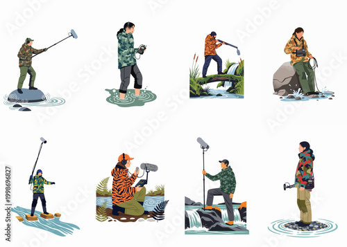 Illustrations of professional sound recordists in camouflage gear capturing nature sounds at various river and waterfall locations with boom microphones and recorders.