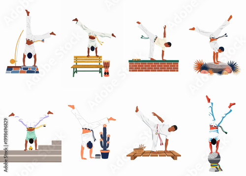 A collection of illustrations showing people performing capoeira in various outdoor settings, highlighting the dynamic movements and traditional attire of the martial art.