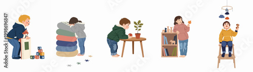 Collection of five flat vector illustrations showing young children playing, learning, and exploring in a minimalist home or nursery setting.