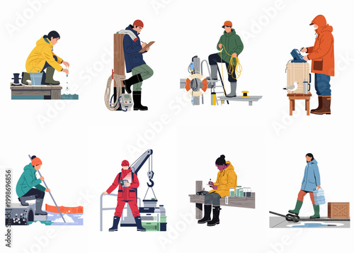 Set of illustrations depicting environmental scientists and marine researchers conducting water sampling and field studies in coastal and maritime environments.