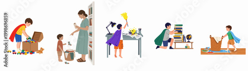 Vector illustrations of young children dressed as superheroes performing various household chores like cleaning, laundry, and tidying up around the home.