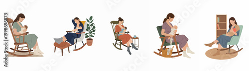 Set of modern illustrations depicting mothers breastfeeding their babies in comfortable rocking chairs, showcasing maternal care and quiet moments of bonding.