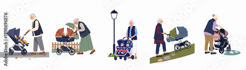 Set of flat vector illustrations featuring grandmothers walking with their grandchildren in strollers in various outdoor settings.