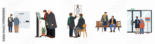 A series of illustrations showing a young man helping an elderly person navigate a clinical visit, including registration, eye examination, and leaving.
