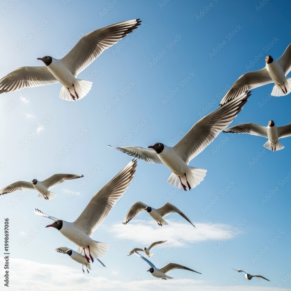 Obraz premium Graceful Seagulls Soaring High Above the Azure Sky.