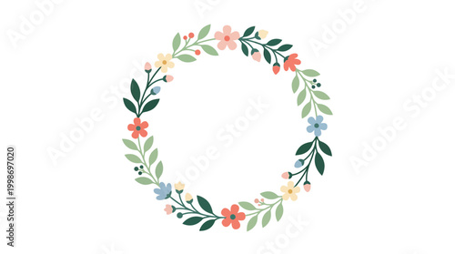 Beautiful floral wreath with colorful spring flowers and green leaves isolated on white background. Elegant round botanical frame for wedding invitations, greeting cards, and romantic design.