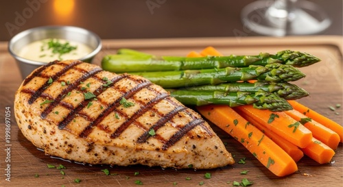 Grilled Chicken Breast with Asparagus and Carrots on Wooden Board.