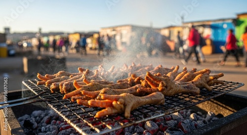 Grilled Chicken Feet on a Charcoal Grill at Sunset.